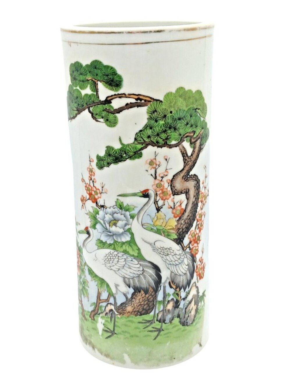 Chinese Crane Cylinder Vase Hand Painted Porcelain Floral Pine 10.75"